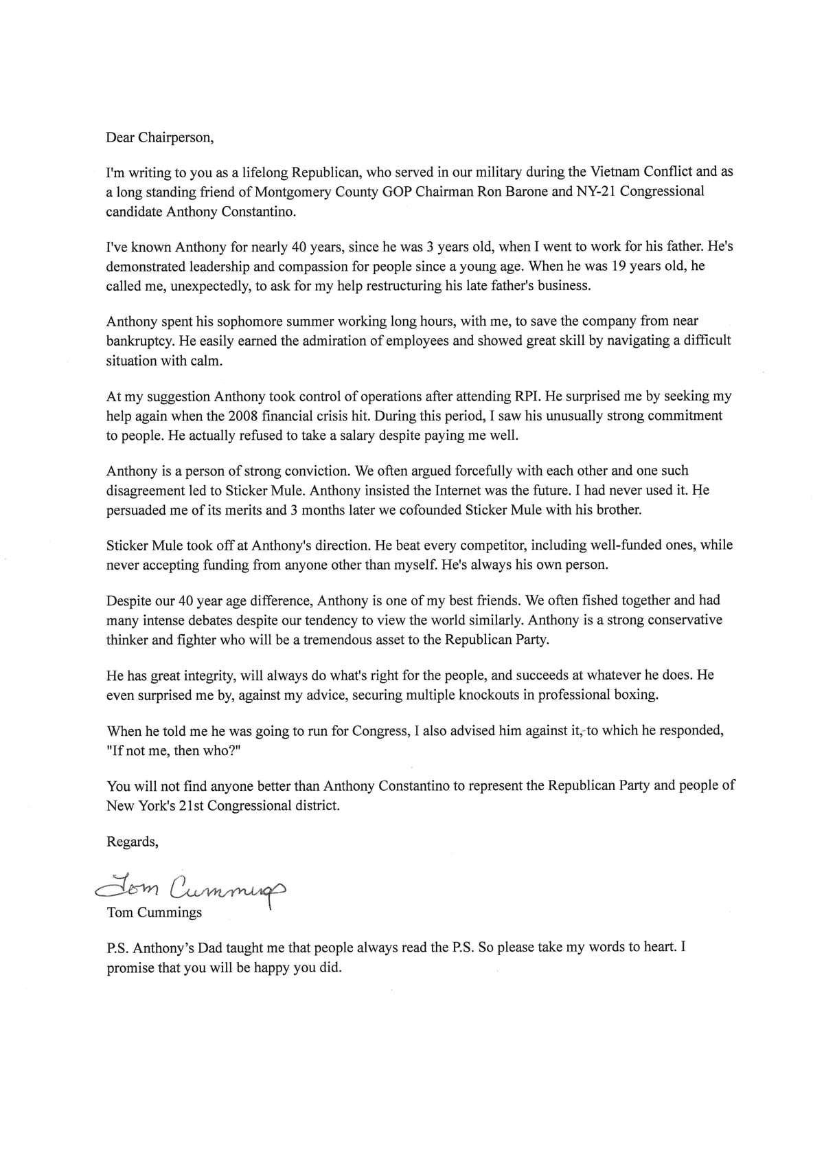 Tom Cummings endorses Anthony Constantino