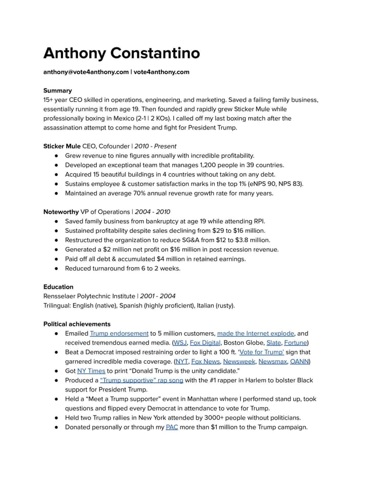 Anthony Constantino submits his resume