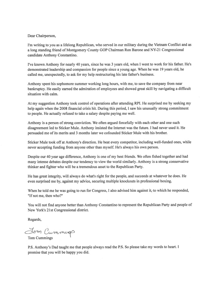 Tom Cummings endorses Anthony Constantino